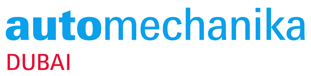 Automechanika Dubai Logo in blauem und rotem Text.