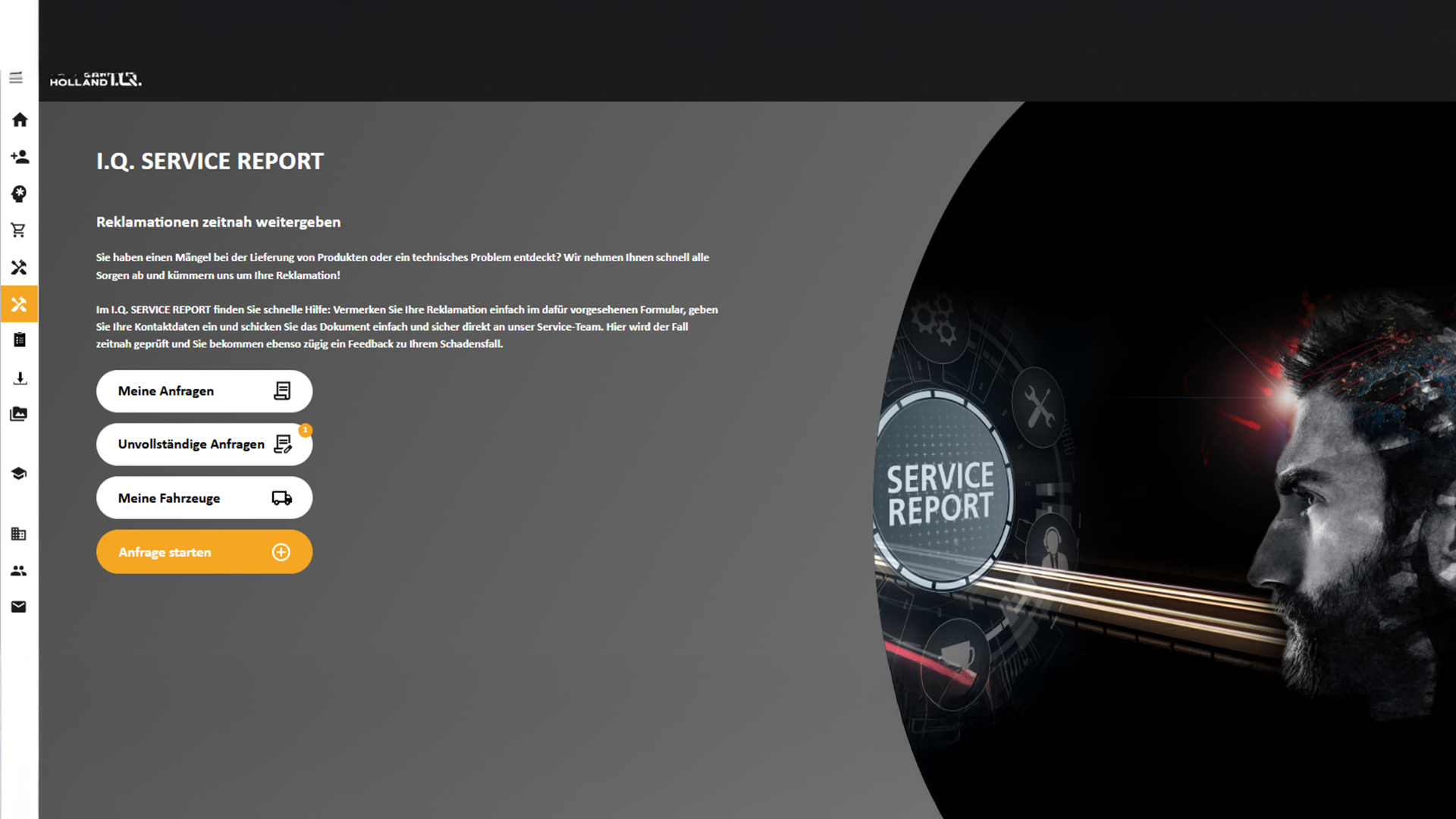 SAF-HOLLAND I.Q. portal interface with options for service report online, requests, and vehicle management.